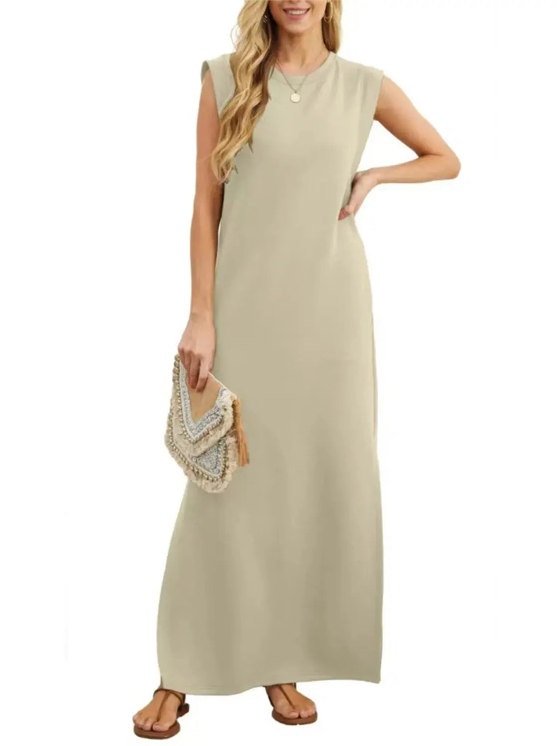 Full Size Slit Round Neck Sleeveless Maxi Tank Dress Plus Size.
