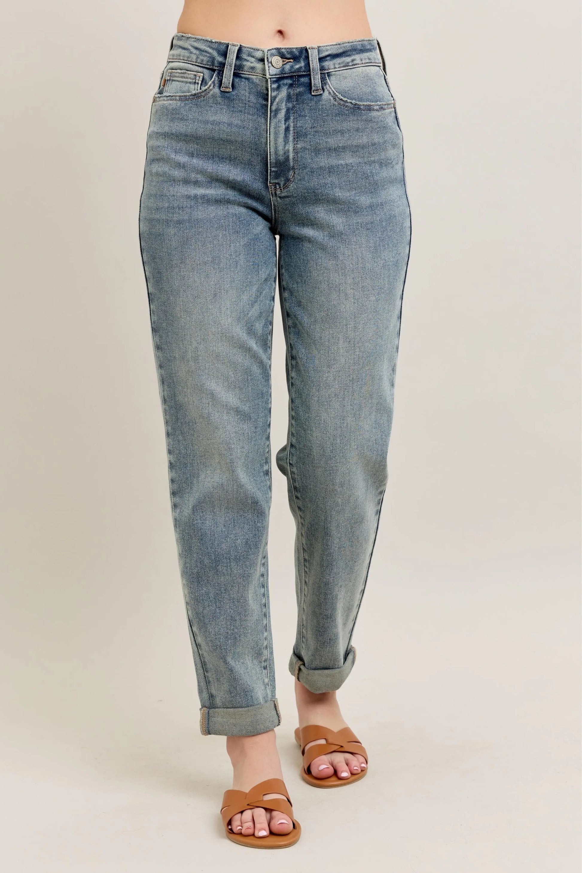 Judy Blue Full Size Hw Vintage Wash Double Roll Cuff Bf Jeans Plus Size - Premium Women / Jeans & Denim from Trendsi - Just $65.99! Shop now at Handbags Specialist Headquarter