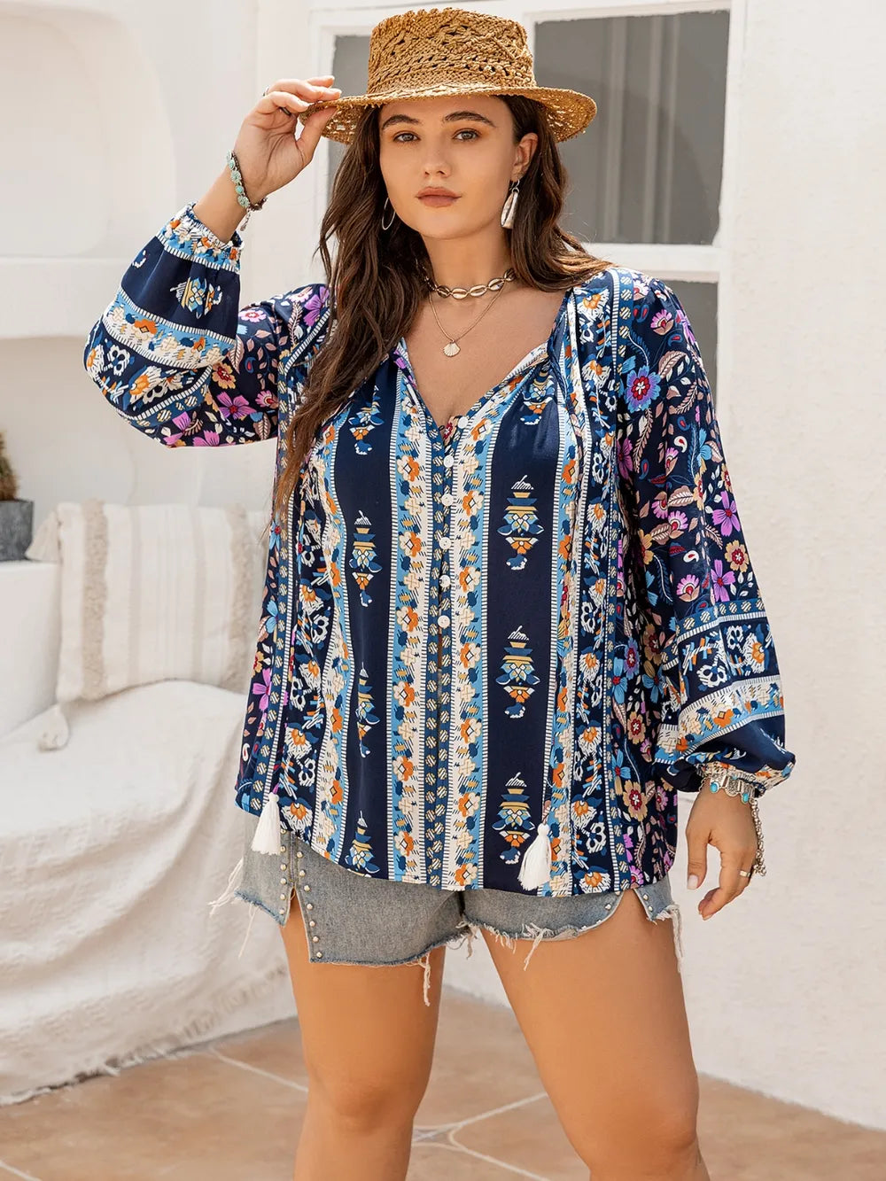 Plus Size Tie Neck Tassel Printed Blouse - Premium Plus Size Shirts from Trendsi - Just $30! Shop now at Handbags Specialist Headquarter