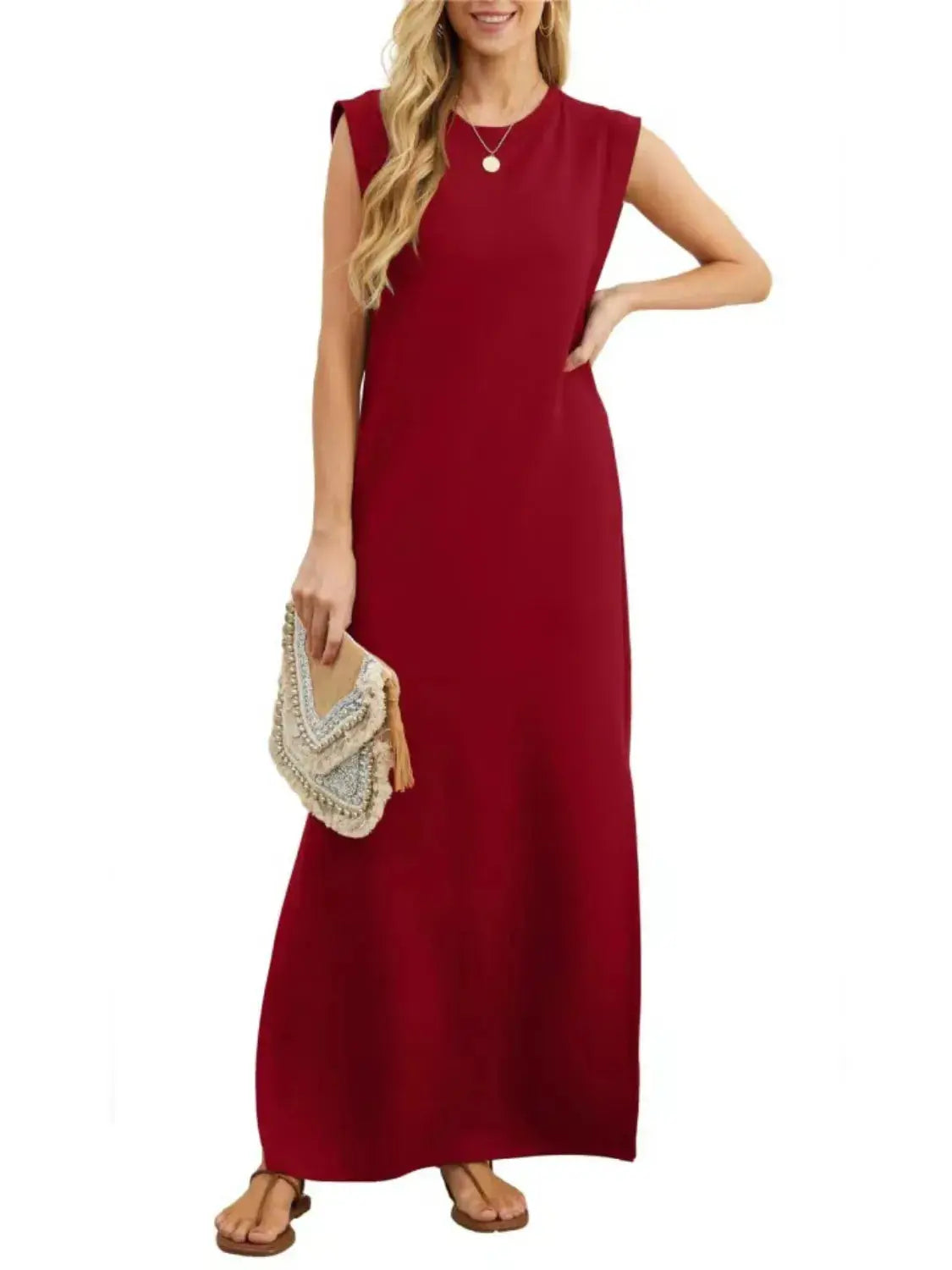 Full Size Slit Round Neck Sleeveless Maxi Tank Dress Plus Size.