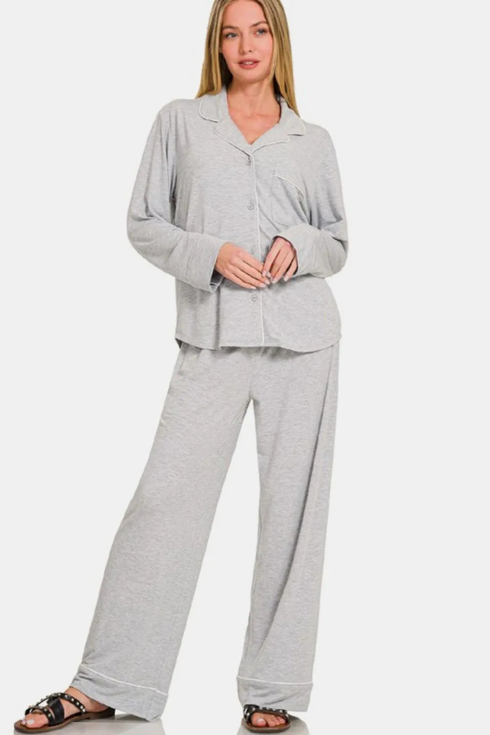 Zenana Button Down Long Sleeve Top and Pants Lounge Set - Premium Sleepwear from Trendsi - Just $46.99! Shop now at Handbags Specialist Headquarter