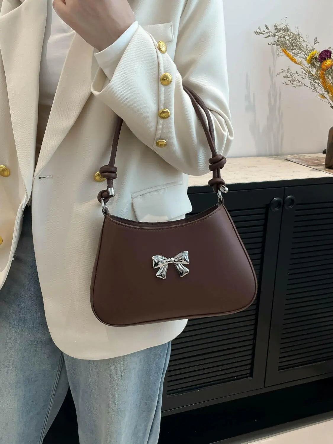 Bow PU Leather Knotted Strap Handbag.