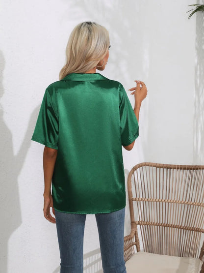 Button Down Short Sleeve Shirt - Premium Women's Down Shirt Tops from Trendsi - Just $19.48! Shop now at Handbags Specialist Headquarter