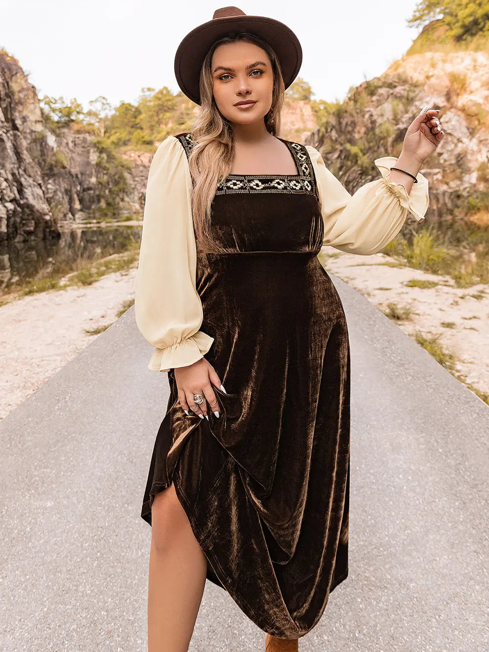 Plus Size Embroidered Square Neck Dress - Premium Dresses from Trendsi - Just $57.99! Shop now at Handbags Specialist Headquarter