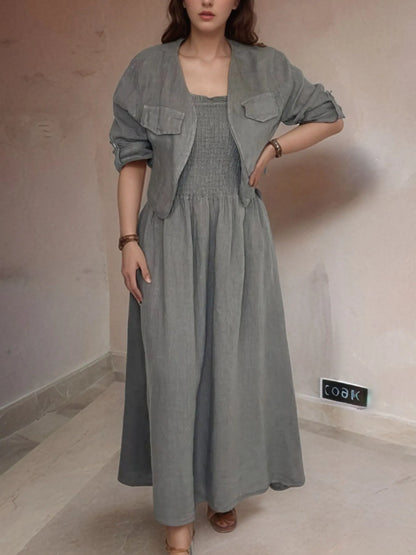 Full Size Smocked Cami Dress and Jacket Set Plus Size - Premium Dresses from Trendsi - Just $48.99! Shop now at Handbags Specialist Headquarter