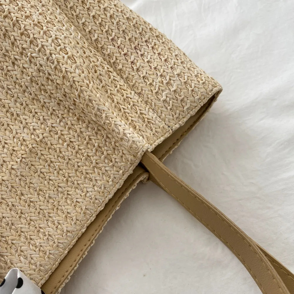 Straw Woven Leather Strap Handbag - Premium Handbags from Trendsi - Just $24.99! Shop now at Handbags Specialist Headquarter