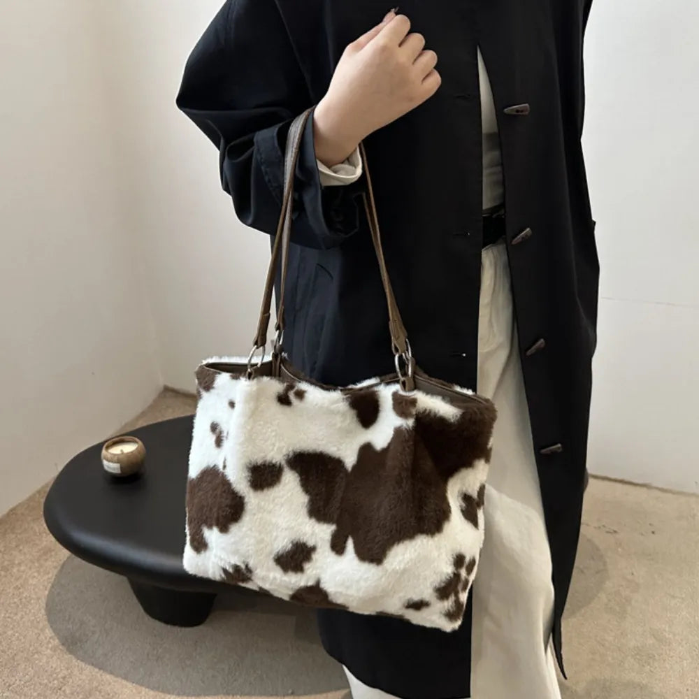 Cow Print Furry Tote Bag - Premium Tote Bag from Trendsi - Just $39.99! Shop now at Handbags Specialist Headquarter