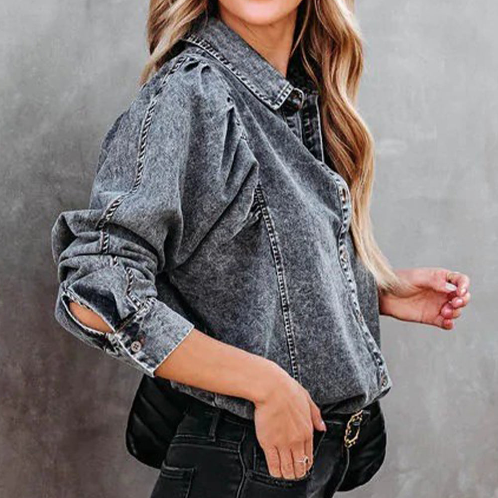 Collared Neck Buttoned Denim Shirt - Premium Women / Jeans & Denim from Trendsi - Just $34! Shop now at Handbags Specialist Headquarter