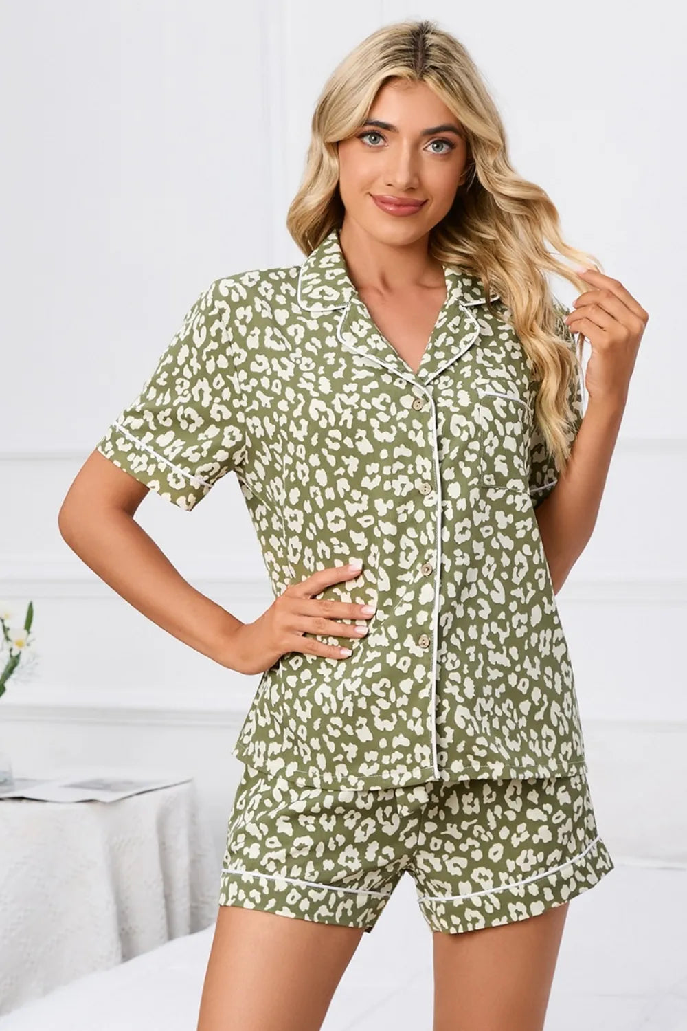 Full Size Leopard Short Sleeve Top and Shorts Lounge Set Plus Size - Premium Sleepwear from Trendsi - Just $26.76! Shop now at Handbags Specialist Headquarter