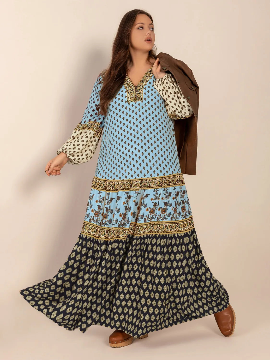 Plus Size Printed V-Neck Balloon Sleeve Maxi Dress - Premium Dresses from Trendsi - Just $52.99! Shop now at Handbags Specialist Headquarter