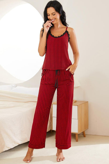 Plaid Lace Trim Cami and Drawstring Pants Pajama Set - Premium sleepwear from Trendsi - Just $37.99! Shop now at Handbags Specialist Headquarter