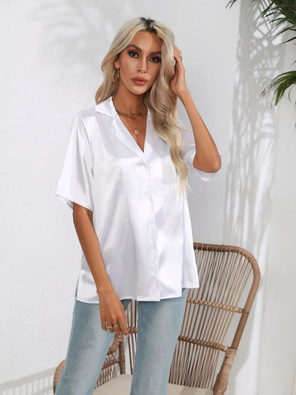 Button Down Short Sleeve Shirt - Premium Women's Down Shirt Tops from Trendsi - Just $19.48! Shop now at Handbags Specialist Headquarter