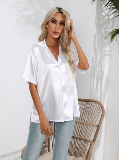 Button Down Short Sleeve Shirt - Premium Women's Down Shirt Tops from Trendsi - Just $19.48! Shop now at Handbags Specialist Headquarter