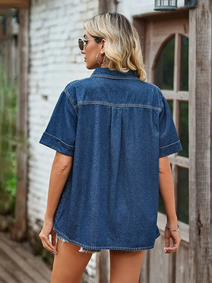 Pocketed Button Up Short Sleeve Denim Shirt - Premium Women / Jeans & Denim from Trendsi - Just $36! Shop now at Handbags Specialist Headquarter
