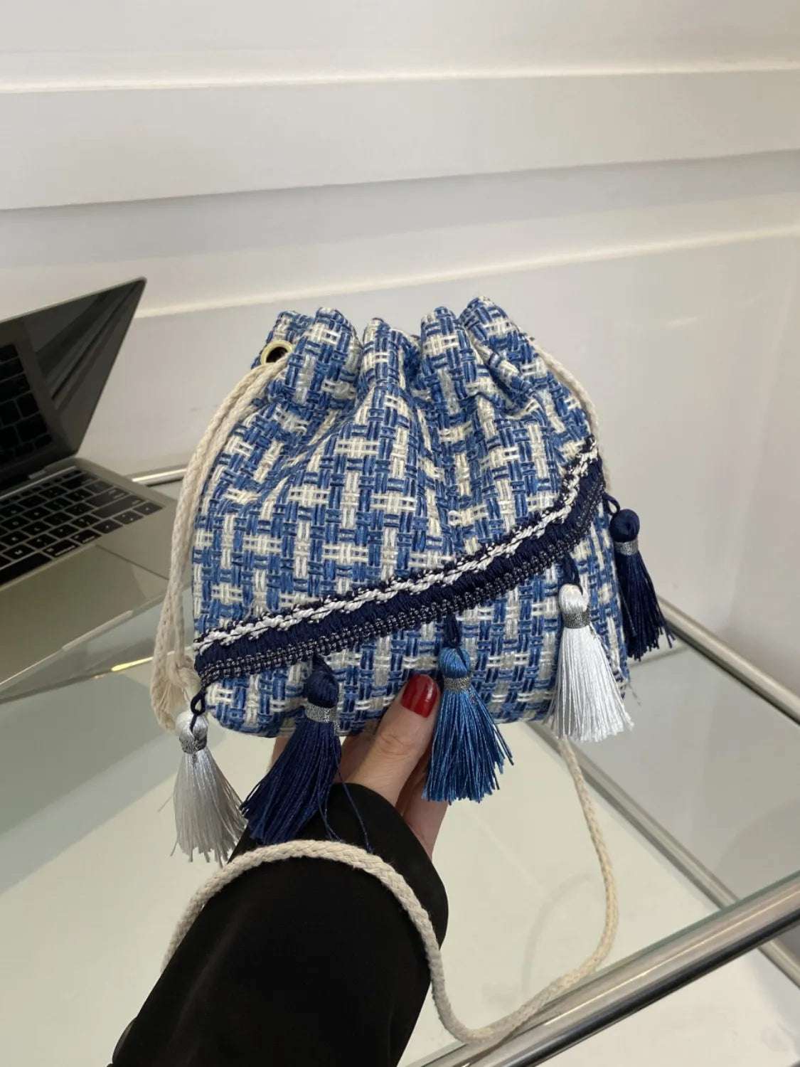 Tassel Trim Woven Bucket Crossbody Bag - Premium Crossbody Bag from Trendsi - Just $14.99! Shop now at Handbags Specialist Headquarter