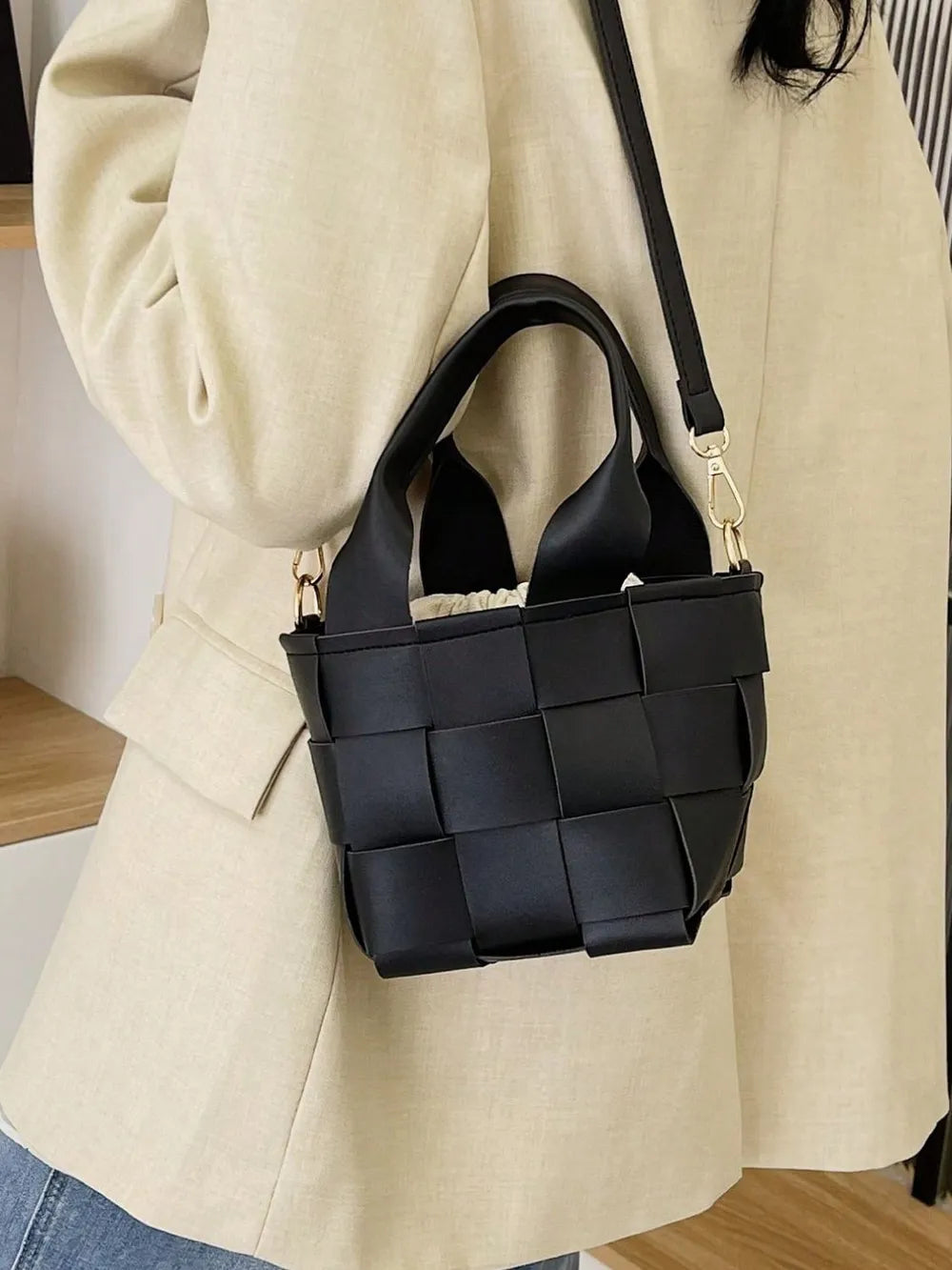 PU Leather Braided Bucket Bag - Premium Tote Bag from Trendsi - Just $33.99! Shop now at Handbags Specialist Headquarter