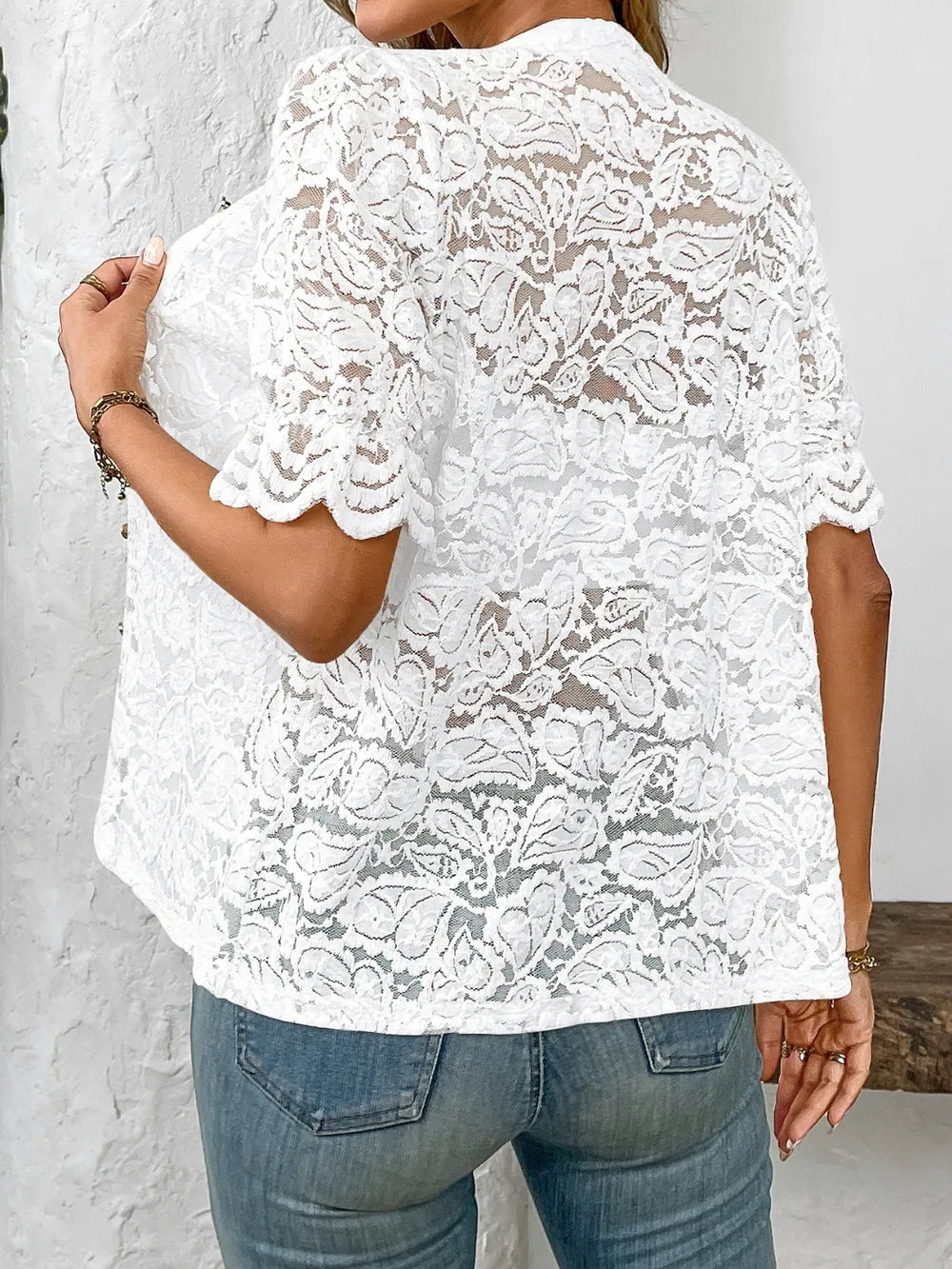 Button Down Half Sleeve Lace Shirt - Premium Women's Down Shirt Tops from Trendsi - Just $27.74! Shop now at Handbags Specialist Headquarter