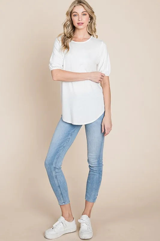 BOMBOM Round Neck Puff Sleeve T-Shirt - Premium Tops from Trendsi - Just $15.62! Shop now at Handbags Specialist Headquarter