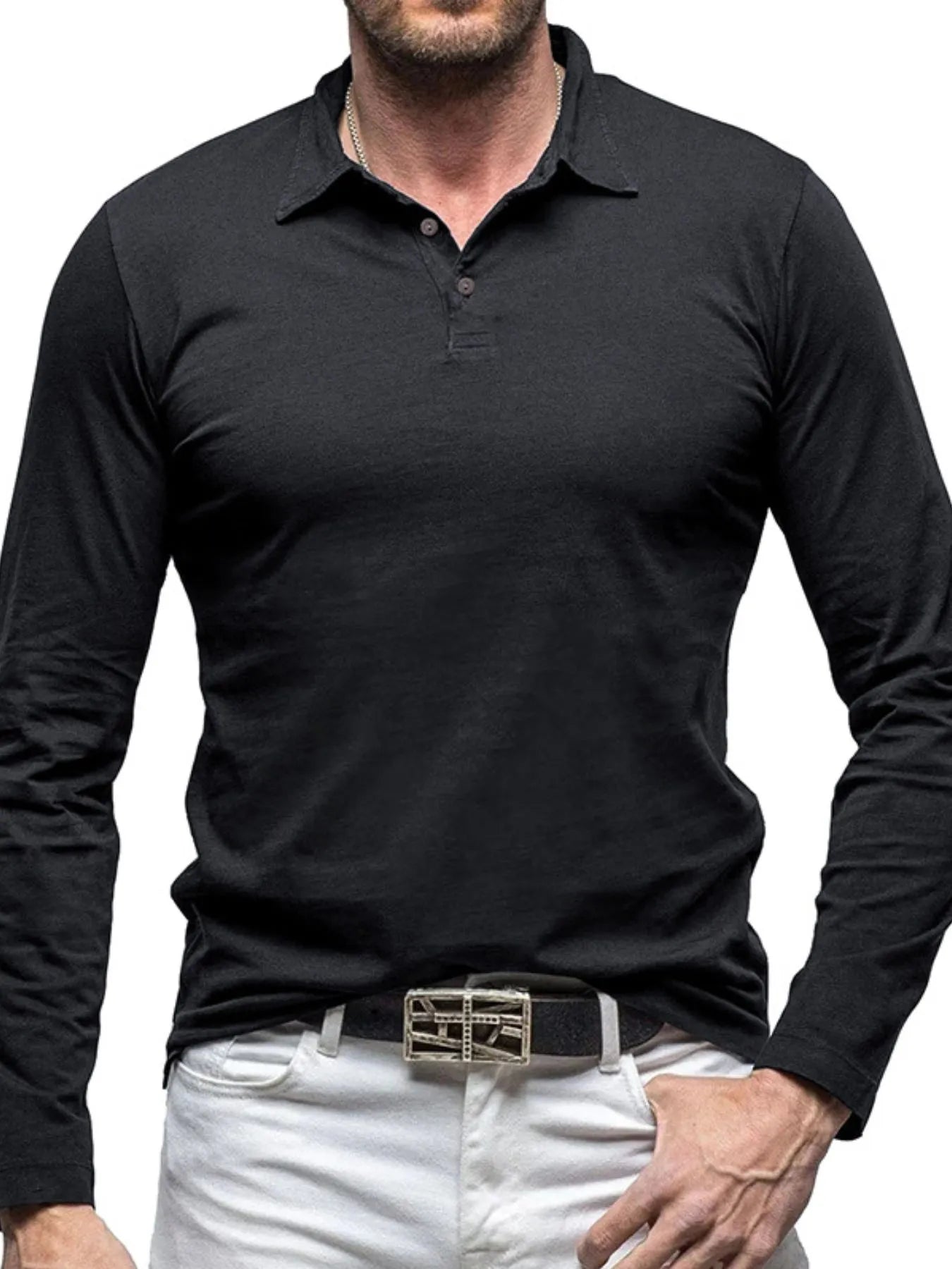 Men's Collared Neck Long Sleeve Polo - Premium Men's Polo shirt from Trendsi - Just $43.99! Shop now at Handbags Specialist Headquarter