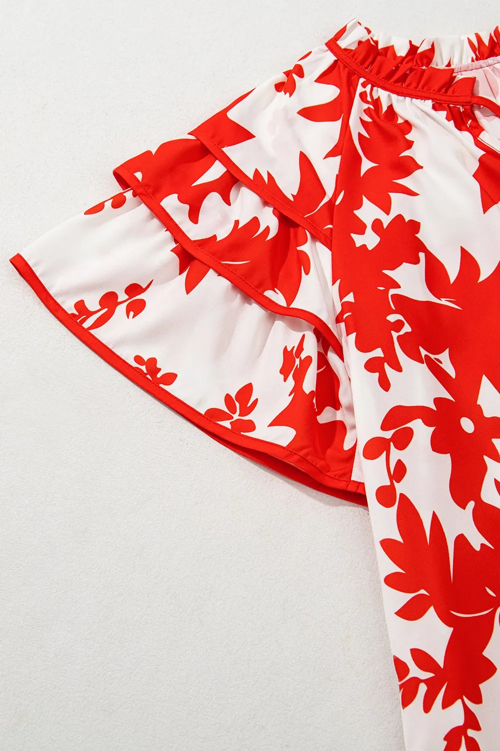 Plant Print Tiered Ruffled Sleeve Tie Neck Blouse - Premium Tops from Trendsi - Just $26.02! Shop now at Handbags Specialist Headquarter