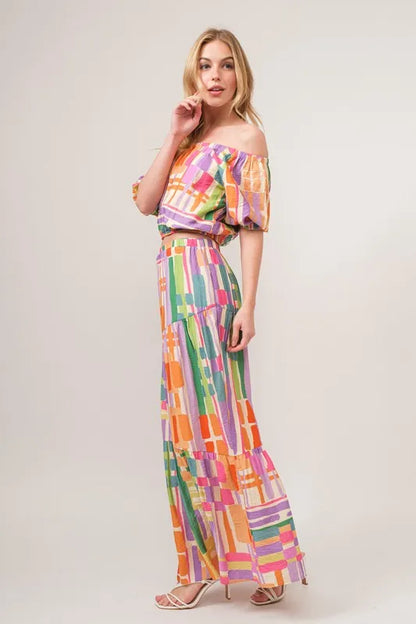 And The Why Asymmetric Geo Printed Tiered Maxi Skirt - Premium Skirts from Trendsi - Just $47.99! Shop now at Handbags Specialist Headquarter