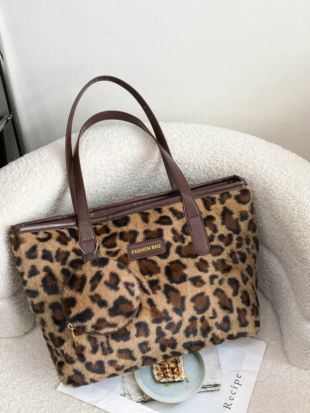 Leopard Faux Fur Tote Bag with Coin Purse - Premium Tote Bag from Trendsi - Just $39.99! Shop now at Handbags Specialist Headquarter