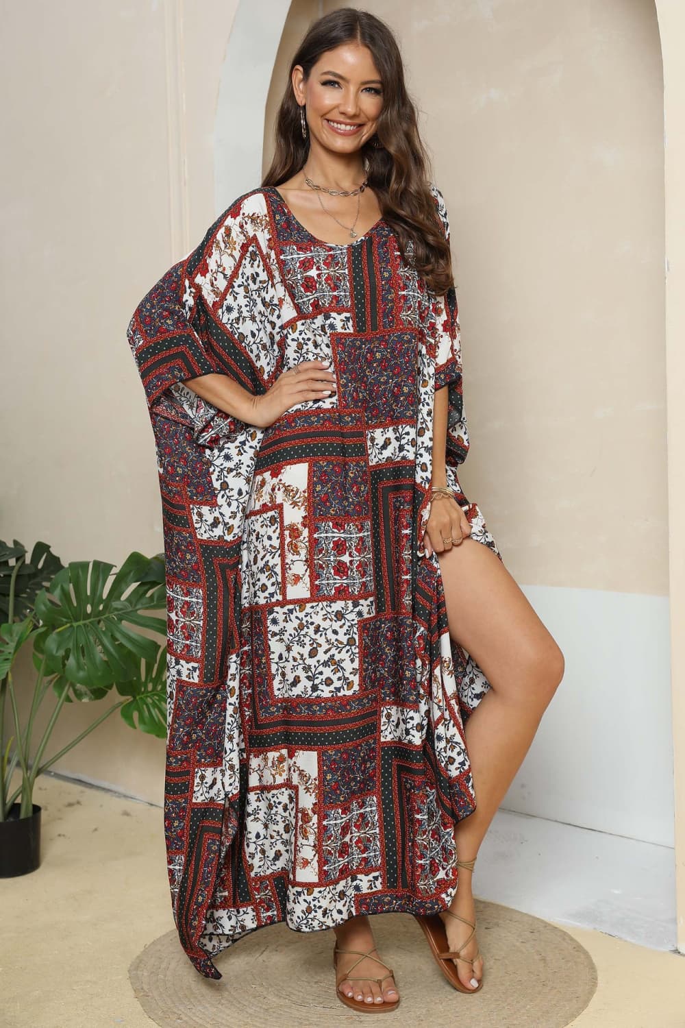 Printed V-Neck Split Maxi Dress - Premium Maxi Dress from Trendsi - Just $28.99! Shop now at Handbags Specialist Headquarter