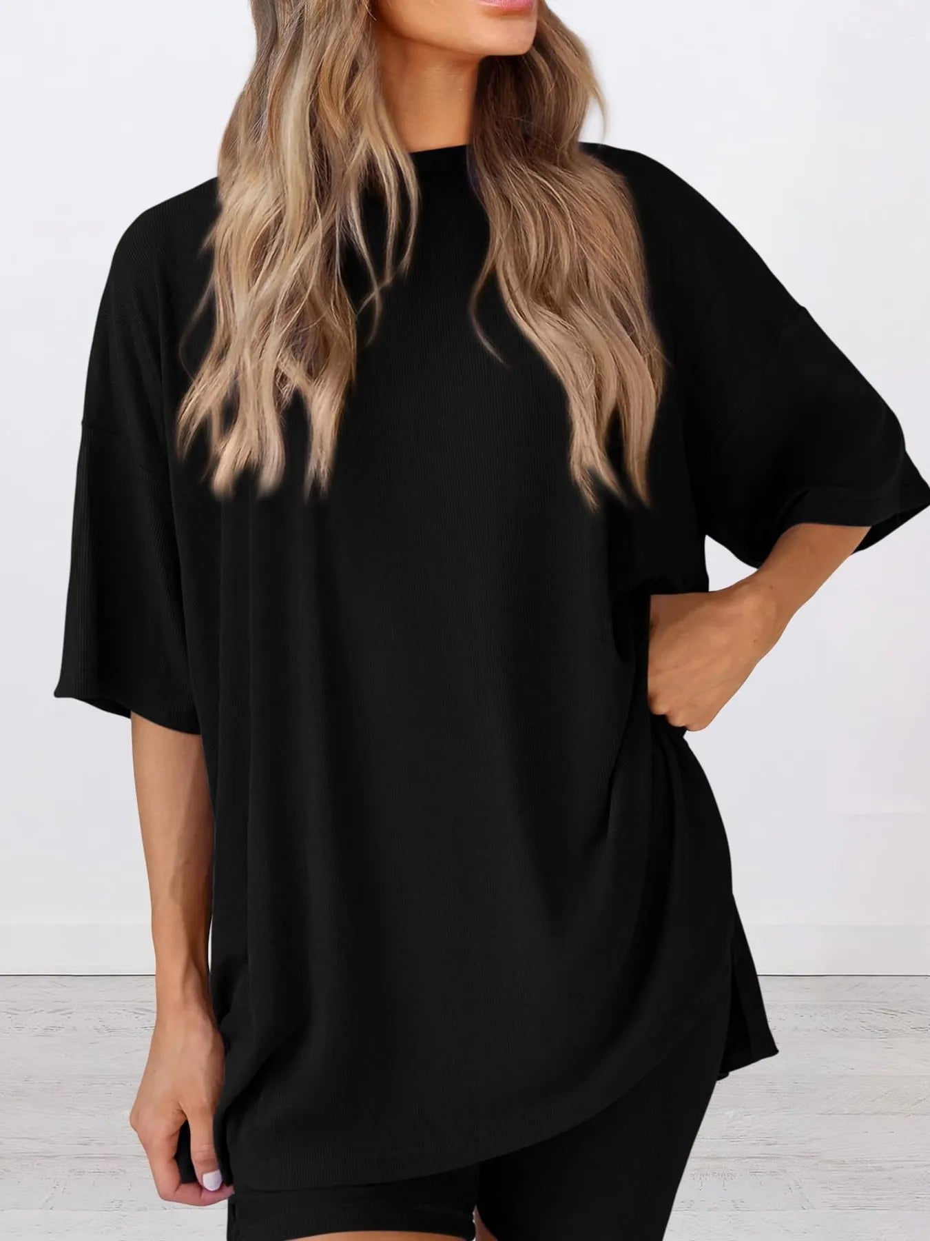 Full Size Oversized Slit Round Neck Top and Shorts Lounge Set Plus Size - Premium Sleepwear from Trendsi - Just $28.99! Shop now at Handbags Specialist Headquarter