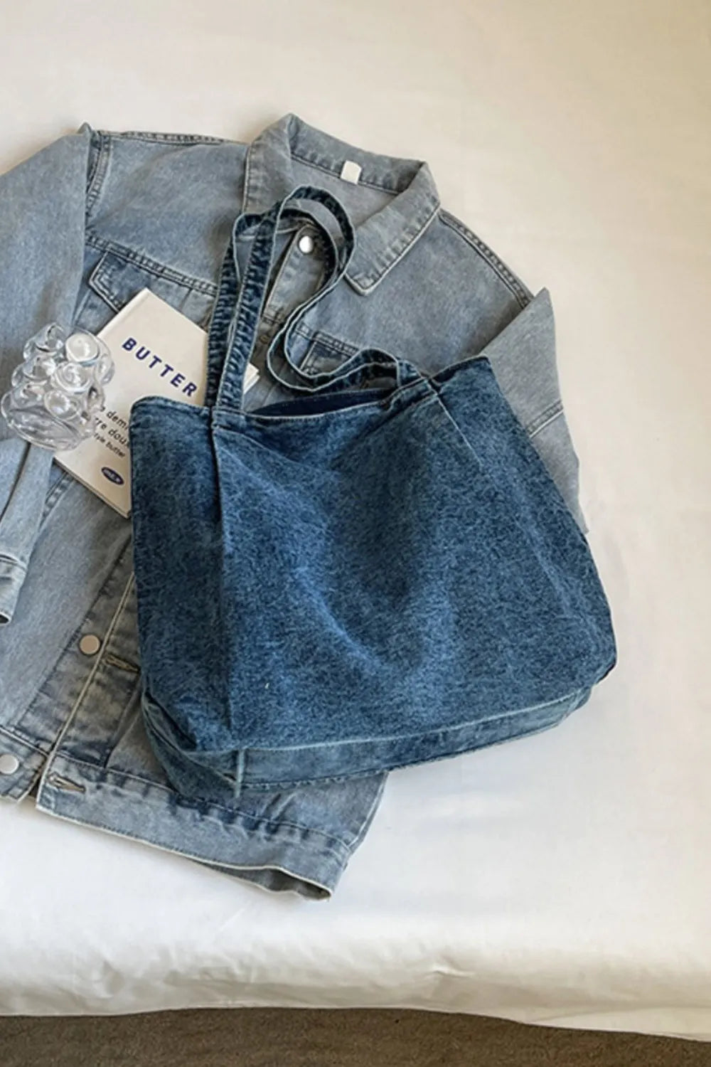 Medium Denim Tote Bag - Premium Tote Bag from Trendsi - Just $32.99! Shop now at Handbags Specialist Headquarter
