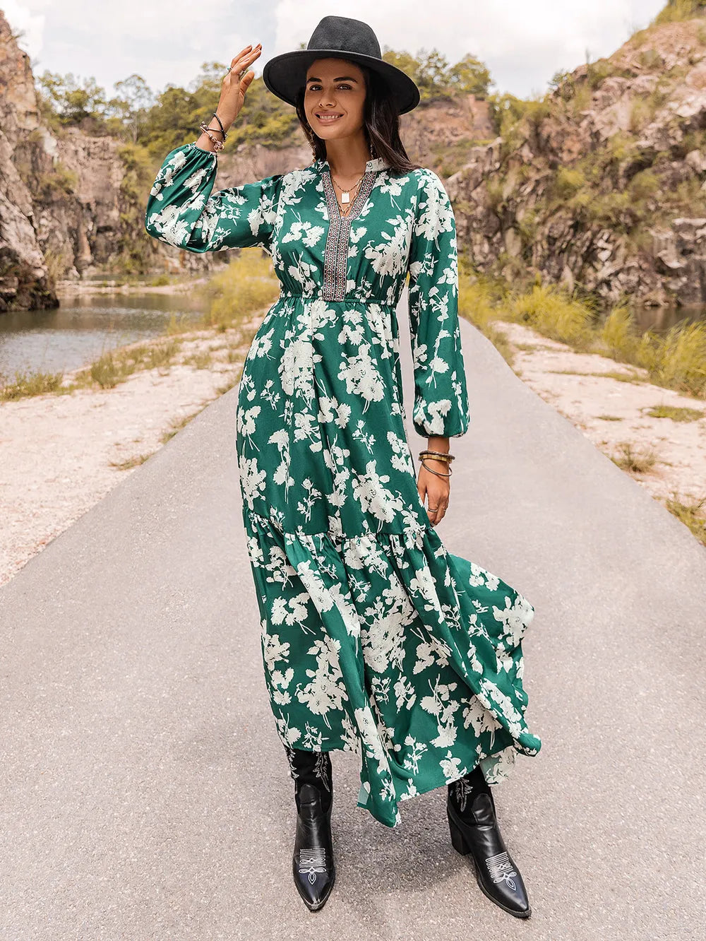 Printed Notched Neck Maxi Dress - Premium Maxi Dress from Trendsi - Just $49.99! Shop now at Handbags Specialist Headquarter
