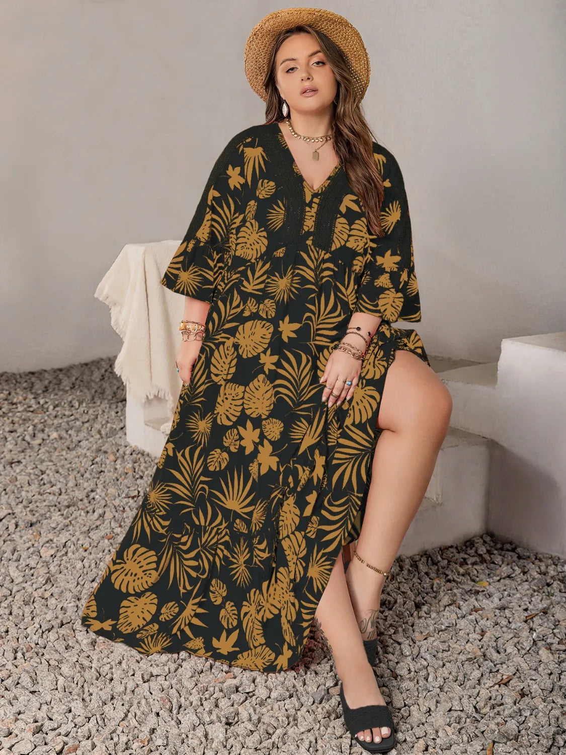 Plus Size Lace Detail Tropical Print Three-Quarter Sleeve Maxi Dress - Premium Dresses from Trendsi - Just $42.99! Shop now at Handbags Specialist Headquarter