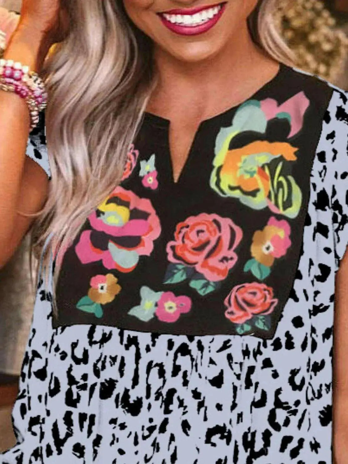 Full Size Leopard Floral Notched Cap Sleeve Blouse Plus Size.