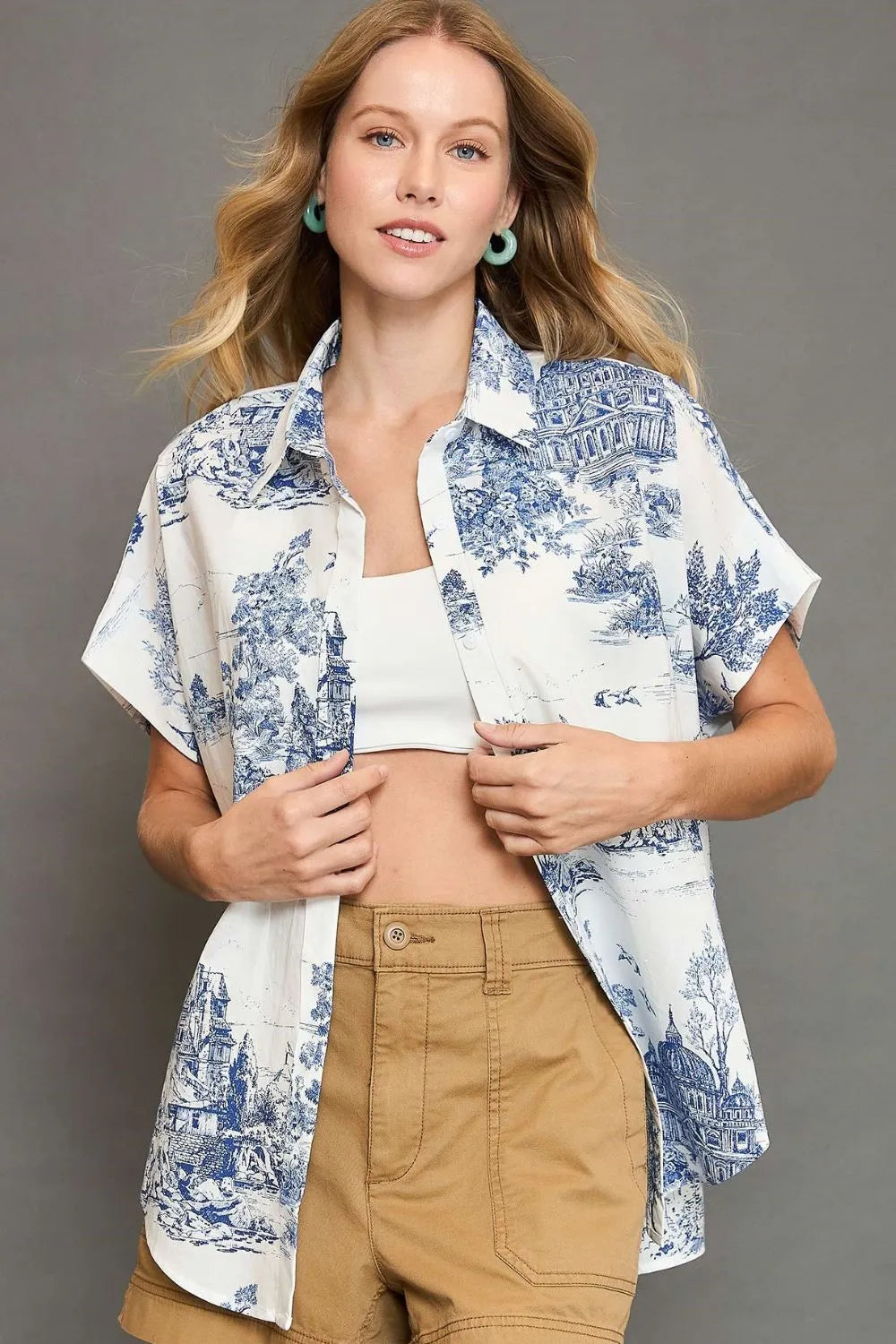 Umgee Full Size Two Tone Print Button Up Short Sleeve Shirt Plus Size - Premium Dresses from Trendsi - Just $48.99! Shop now at Handbags Specialist Headquarter