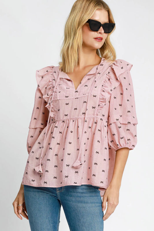 Umgee Full Size Ruffled Bow Print Tie Neck Peplum Blouse Plus Size - Premium Dresses from Trendsi - Just $46.99! Shop now at Handbags Specialist Headquarter