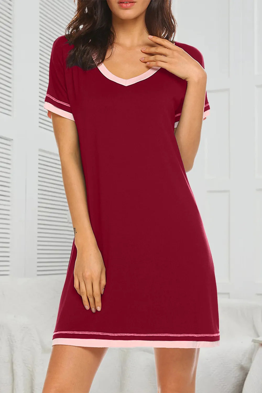 Contrast Trim Short Sleeve Lounge Dress - Premium Sleepwear from Trendsi - Just $26! Shop now at Handbags Specialist Headquarter