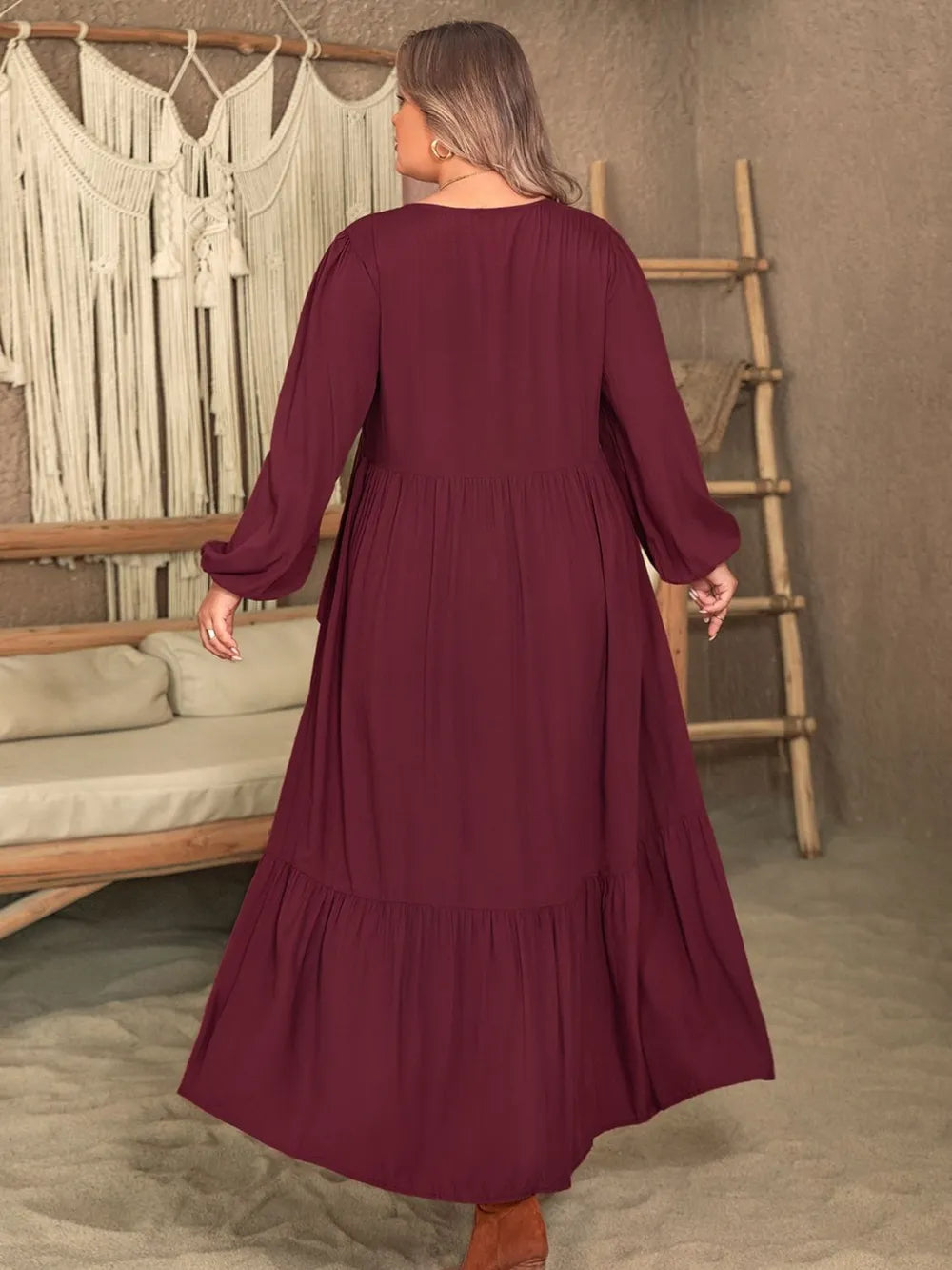 Plus Size Ruffled V-Neck Long Sleeve Dress - Premium Dresses from Trendsi - Just $46.99! Shop now at Handbags Specialist Headquarter