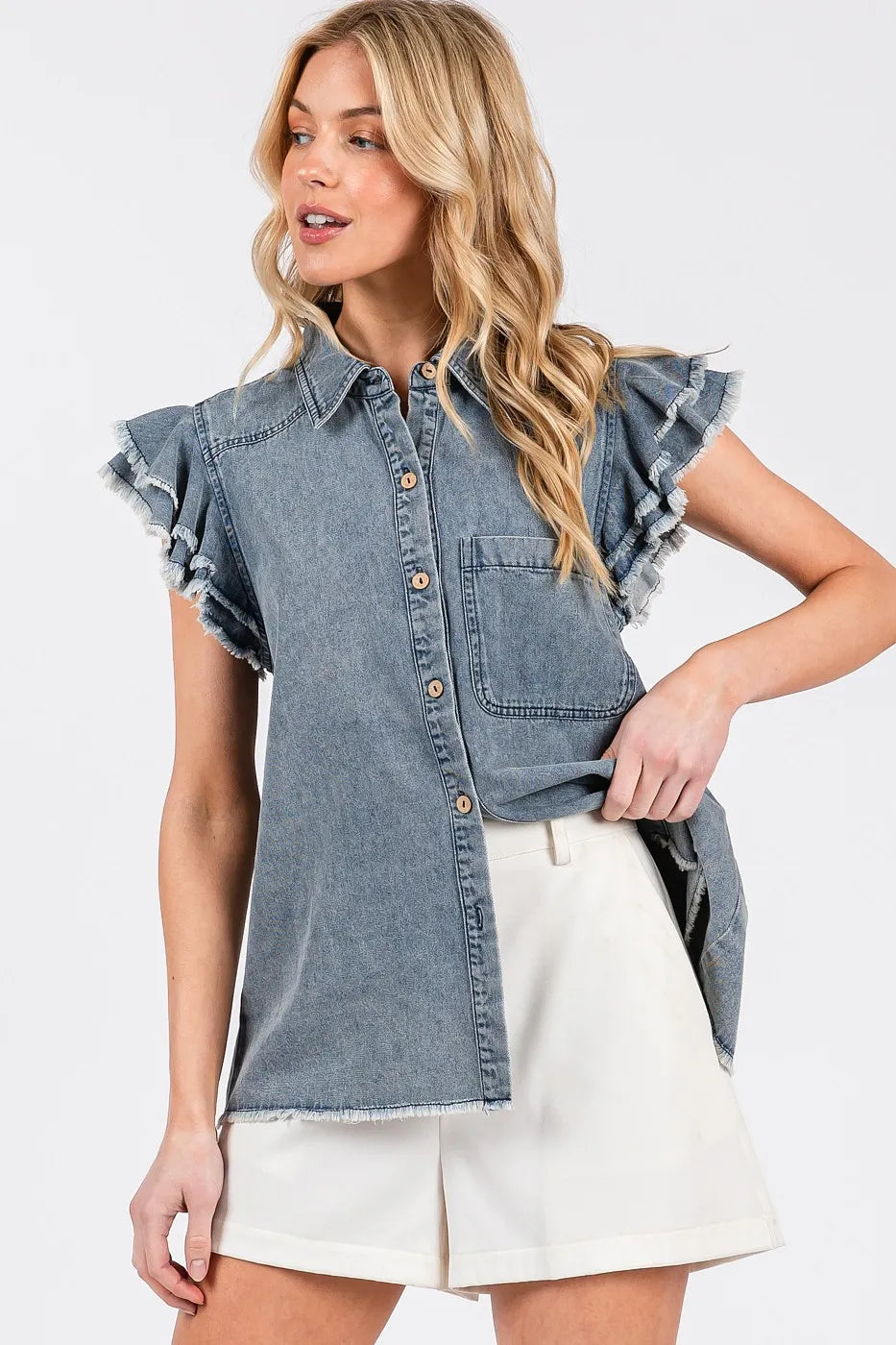 Mittoshop Washed Denim Ruffle Short Sleeve Collared Shirt - Premium Women / Jeans & Denim from Trendsi - Just $53.80! Shop now at Handbags Specialist Headquarter