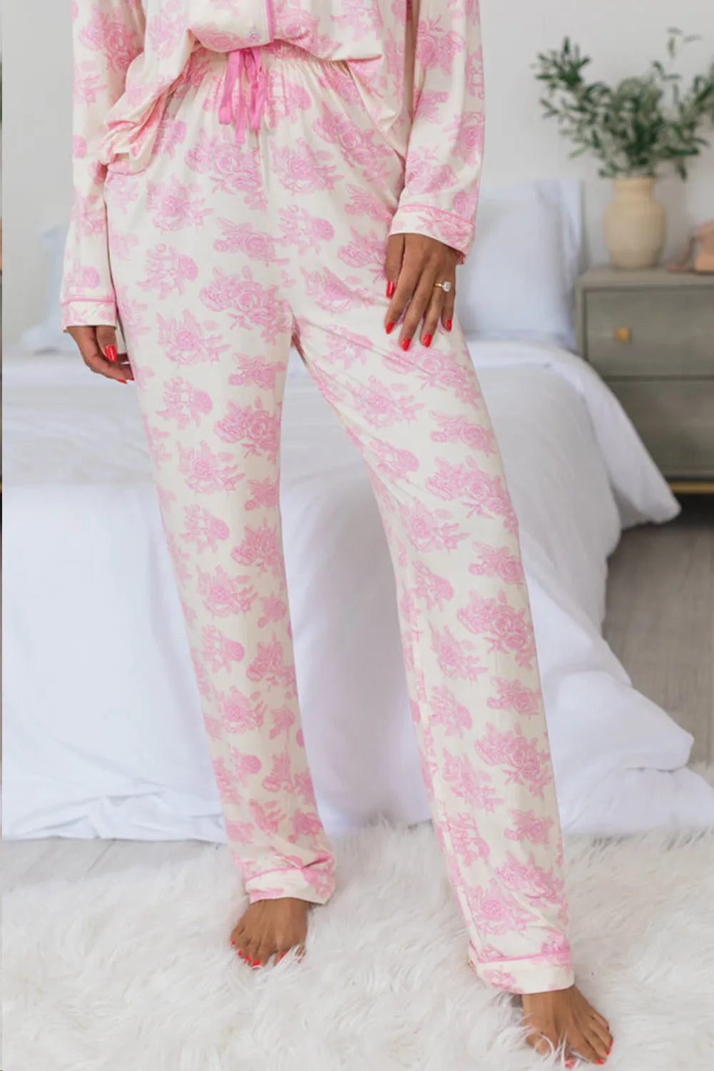 Printed Button Up Long Sleeve Top and Pants Lounge Set - Premium Sleepwear from Trendsi - Just $56.92! Shop now at Handbags Specialist Headquarter