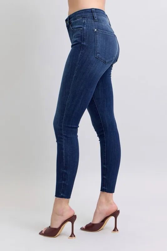 Judy Blue Full Size Mid Rise Skinny Jeans with Raw Hem Plus Size - Premium Women / Jeans & Denim from Trendsi - Just $55.99! Shop now at Handbags Specialist Headquarter