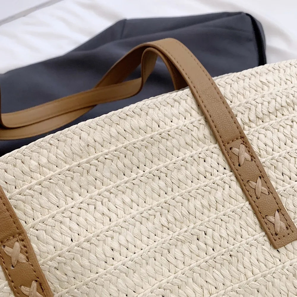 Contrast Straw Braided Handbag - Premium Tote Bag from Trendsi - Just $32.99! Shop now at Handbags Specialist Headquarter