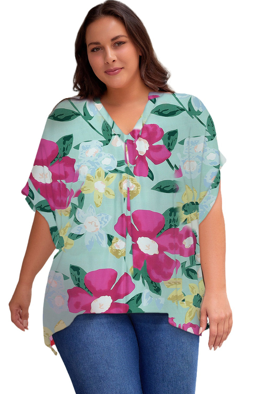 Plus Size Printed Notched Neck Half Sleeve Top - Premium Plus Size Shirts from Trendsi - Just $28! Shop now at Handbags Specialist Headquarter