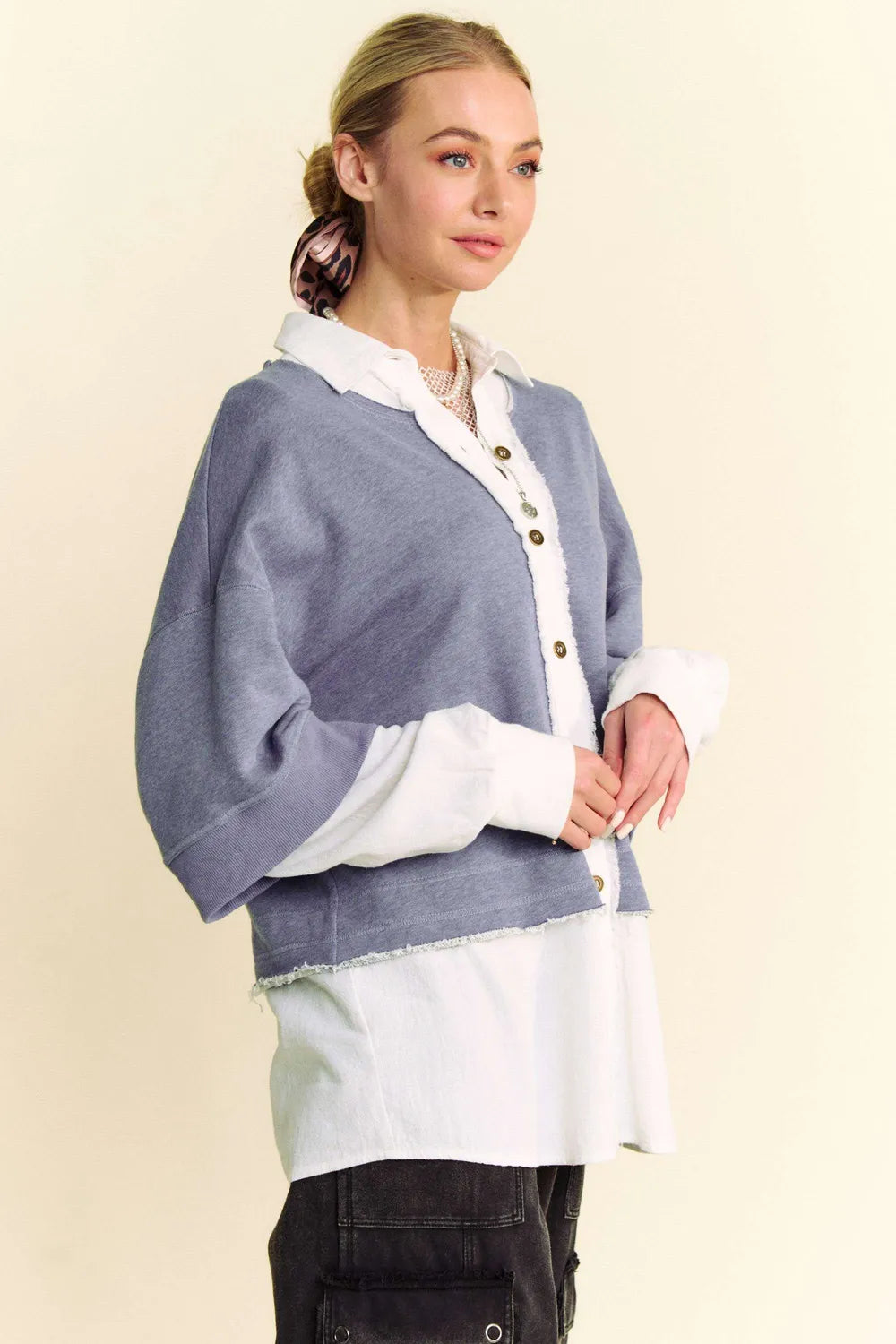 Davi & Dani Faux Layered French Terry Contrast Top - Premium Women / Jeans & Denim from Trendsi - Just $69.68! Shop now at Handbags Specialist Headquarter