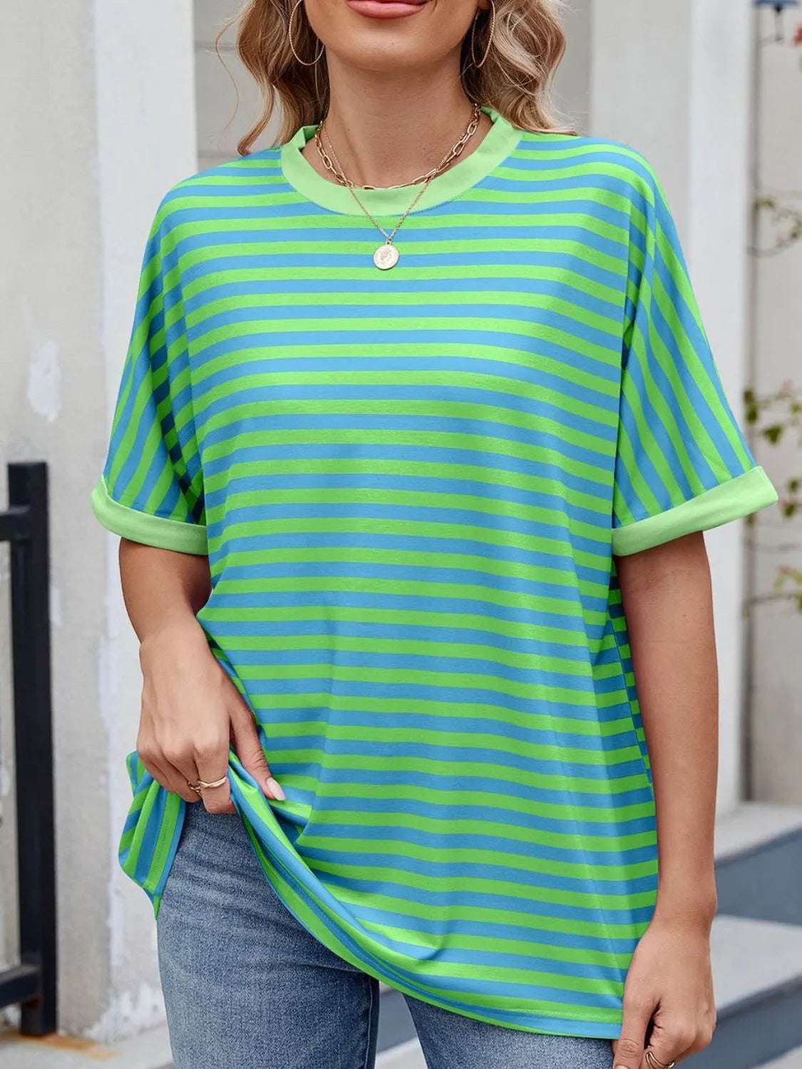 Striped Round Neck Half Sleeve T-Shirt - Premium Women / Tops from Trendsi - Just $19.34! Shop now at Handbags Specialist Headquarter