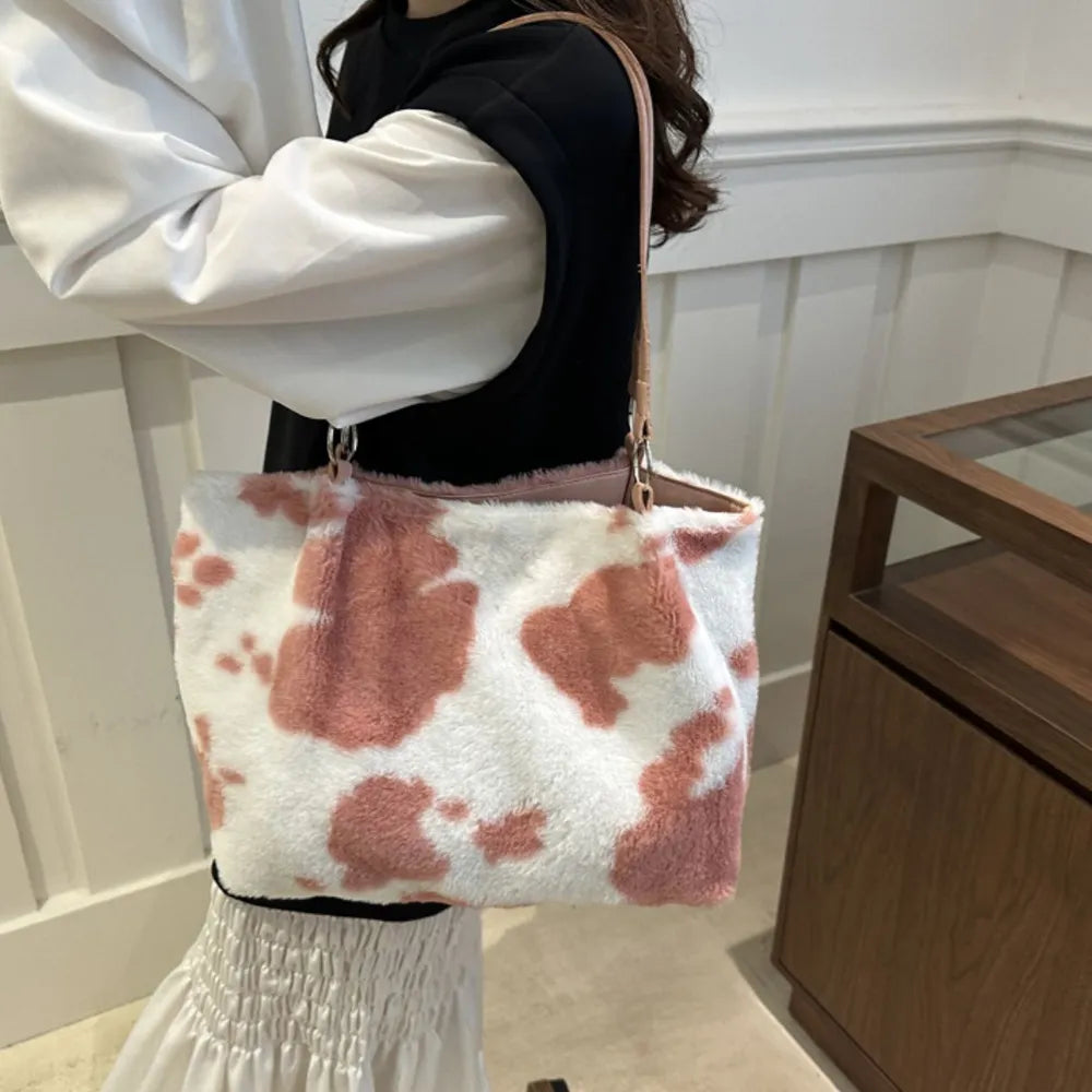 Cow Print Furry Tote Bag - Premium Tote Bag from Trendsi - Just $39.99! Shop now at Handbags Specialist Headquarter
