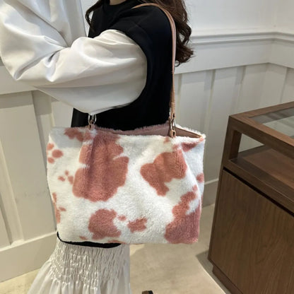 Cow Print Furry Tote Bag - Premium Tote Bag from Trendsi - Just $39.99! Shop now at Handbags Specialist Headquarter