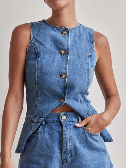 Button Down Denim Vest - Premium Women / Jeans & Denim from Trendsi - Just $34.56! Shop now at Handbags Specialist Headquarter