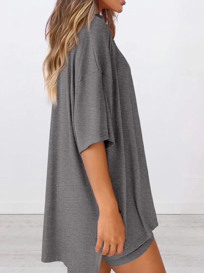 Full Size Oversized Slit Round Neck Top and Shorts Lounge Set Plus Size - Premium Sleepwear from Trendsi - Just $28.99! Shop now at Handbags Specialist Headquarter
