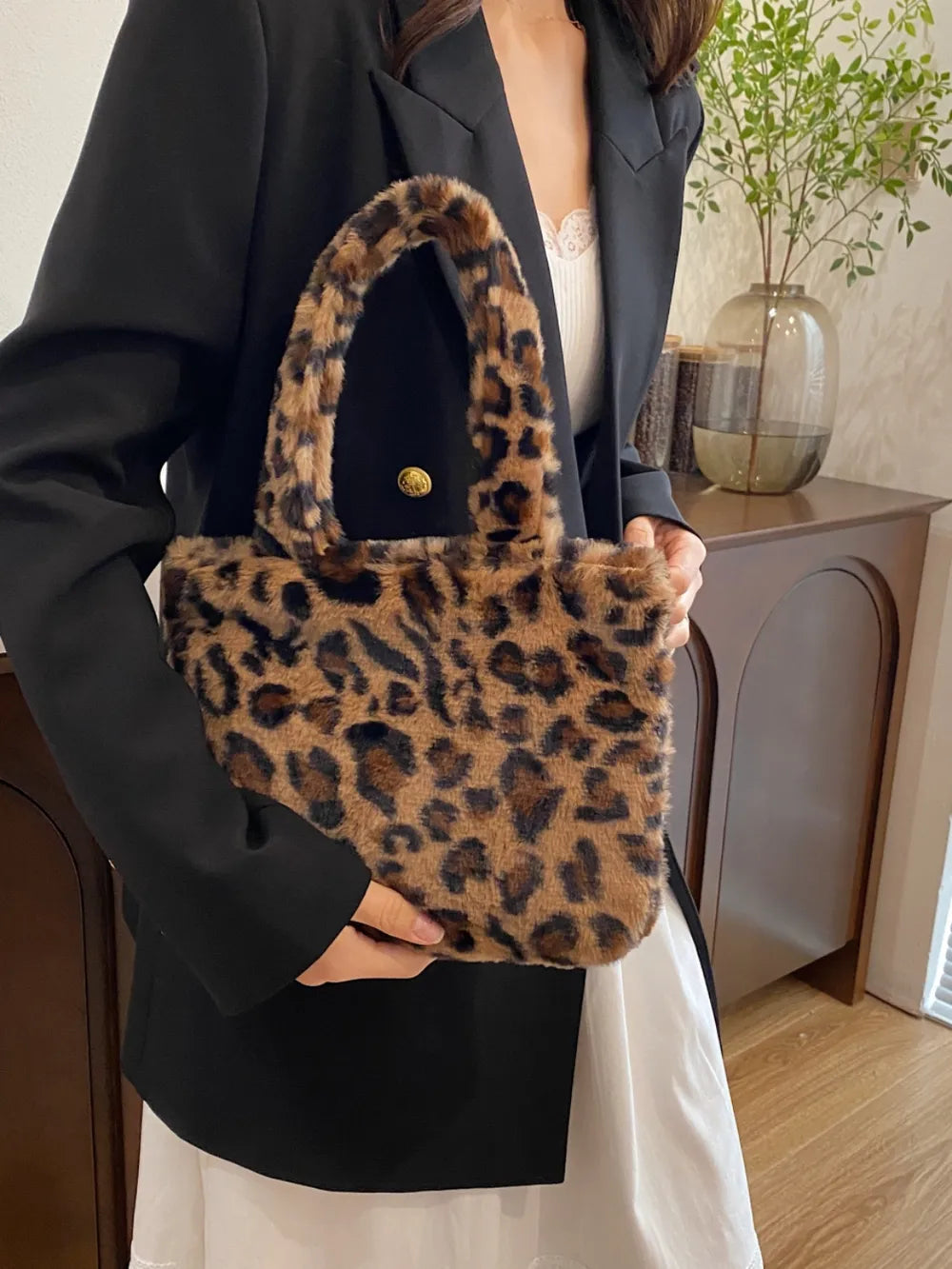 Leopard Fluff Handbag with Zip - Premium handbags from Trendsi - Just $14.99! Shop now at Handbags Specialist Headquarter