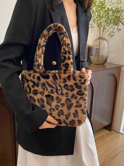 Leopard Fluff Handbag with Zip - Premium handbags from Trendsi - Just $14.99! Shop now at Handbags Specialist Headquarter