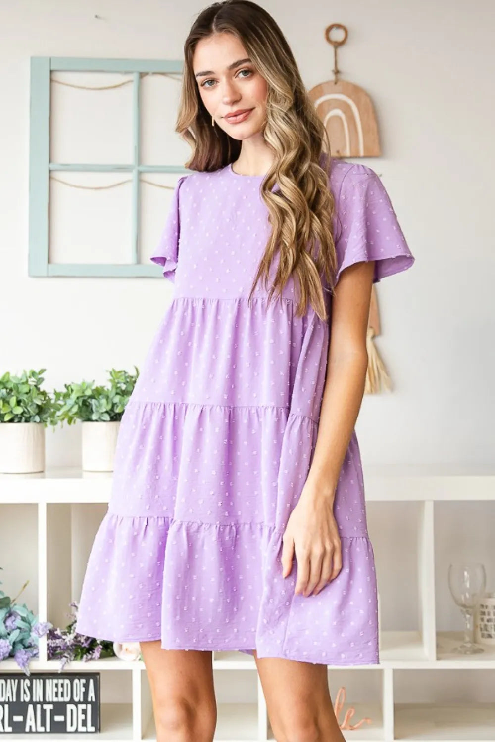 Heimish Full Size Swiss Dot Short Sleeve Tiered Dress - Premium Dresses from Trendsi - Just $39.99! Shop now at Handbags Specialist Headquarter